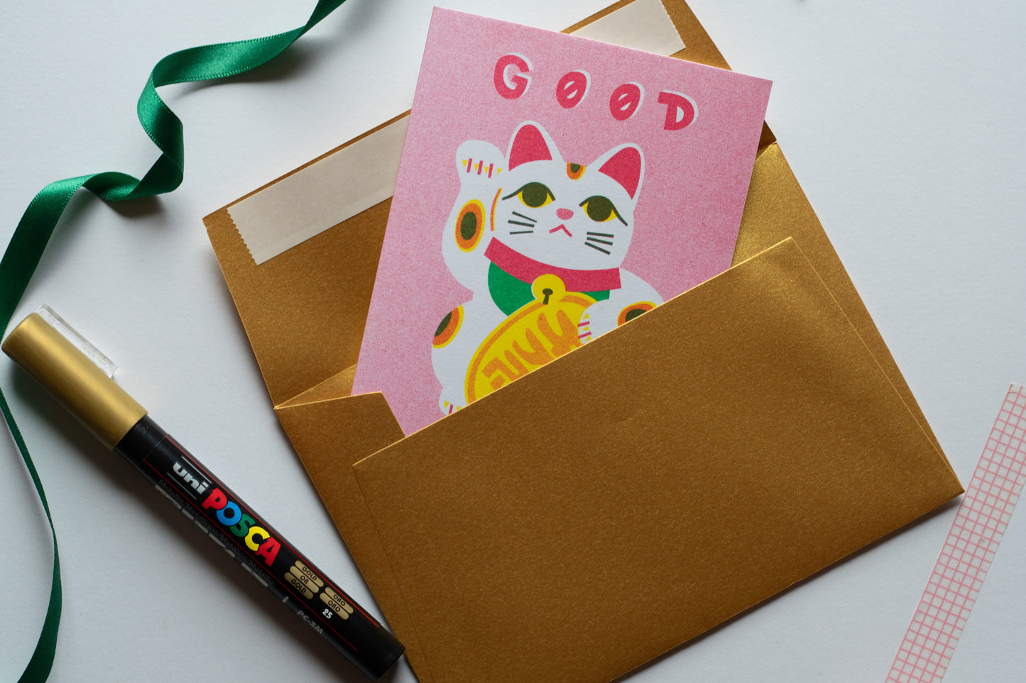 Lucky Cat Risograph Card