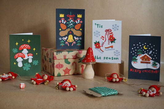 Cosy Nordic Christmas Card Set | Capybara Mistletoe, Candy Cane, Retro Ice Skates, Snowy Log Cabin, Magic Mushroom