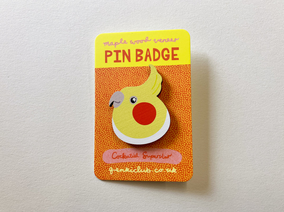 Starry Eyed Cockatiel Wooden Pin Badge