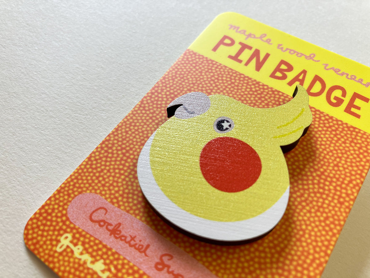 Starry Eyed Cockatiel Wooden Pin Badge
