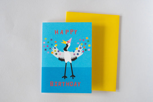 Japanese Crane Birthday Card (Funny Bird in a Party Hat!)