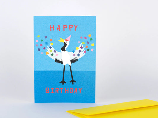 Japanese Crane Birthday Card (Funny Bird in a Party Hat!)