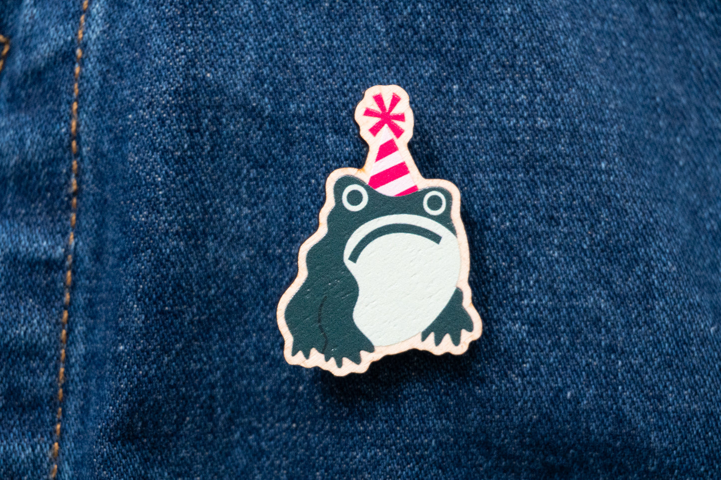 Wooden Grumpy Frog Pin Badge