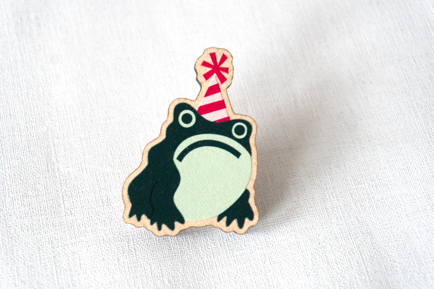 Wooden Grumpy Frog Pin Badge