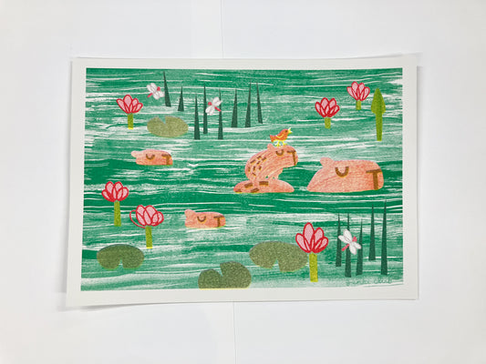 Swimming Capybara Risograph Print