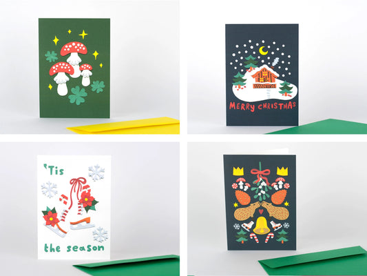 Cosy Nordic Christmas Card Set | Capybara Mistletoe, Candy Cane, Retro Ice Skates, Snowy Log Cabin, Magic Mushroom
