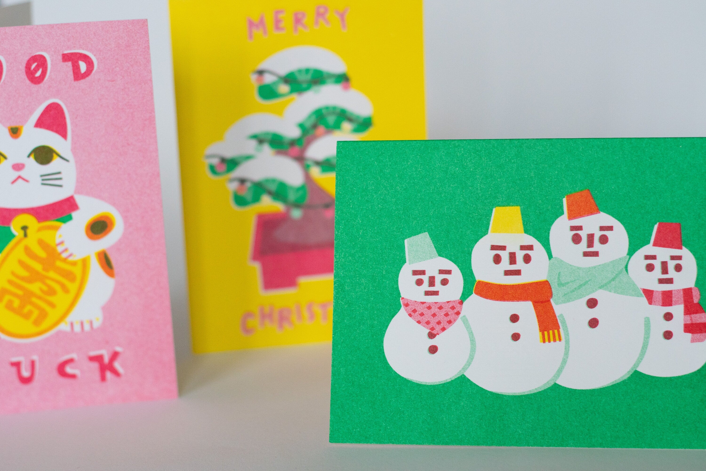 Japanese Snowman Risograph Christmas Card | Yukidaruma Risoprint